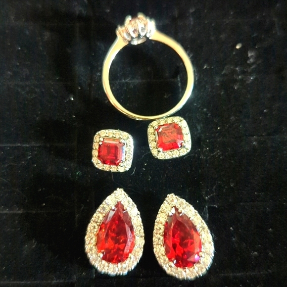 Sterling / Silver Plated Red Garnet Ruby Set -  Ring sz 8 2x earrings - Picture 4 of 6